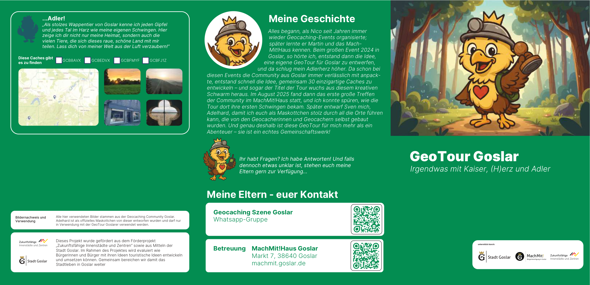 Flyer der GeoTour Goslar mit Adelhard und dem Titel „Irgendwas mit Kaiser, (H)erz und Adler“