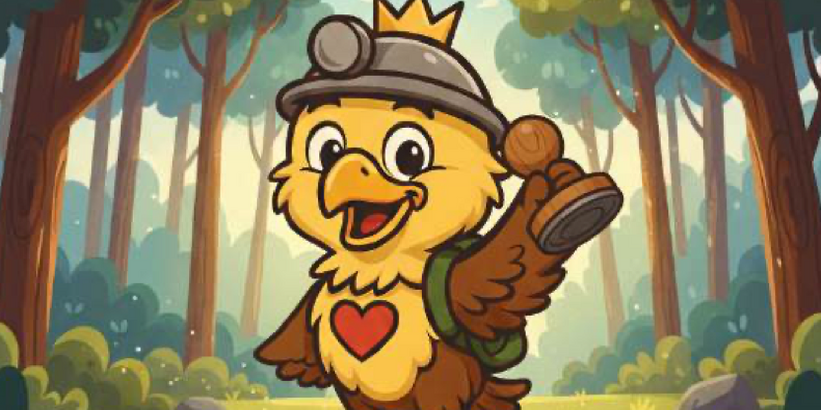 Adelhard, das Adler-Maskottchen der GeoTour Goslar, mit Krone, Bergmannshelm und Lupe im Harzer Wald
